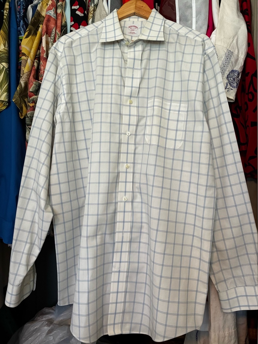 VTG Brooks Brothers Men's Checked Button-Down Shirt - Cream/Light Blue